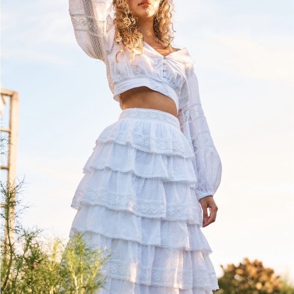 LoveShackFancy Borneo Tiered Maxi Skirt Vintage White